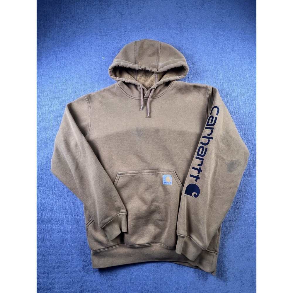 Carhartt Hoodie Men's S Loose Fit Brown Distressed Stained Graphic Print Work